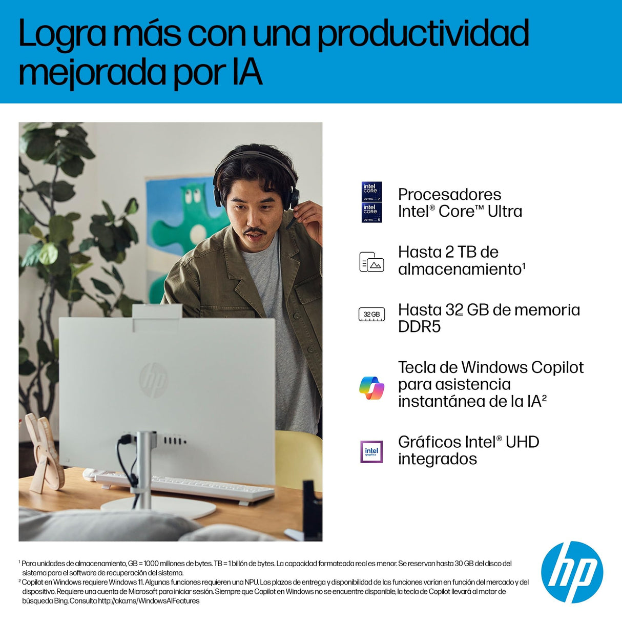 HP 27-ct2003ss - Ordenador de 27" Full HD con Cámara, Teclado y Ratón Inalámbricos (AMD Ryzen AI 7 350, 32GB RAM, 1TB SSD, AMD Radeon Graphics, Windows 11) Blanco - Teclado QWERTY Español
