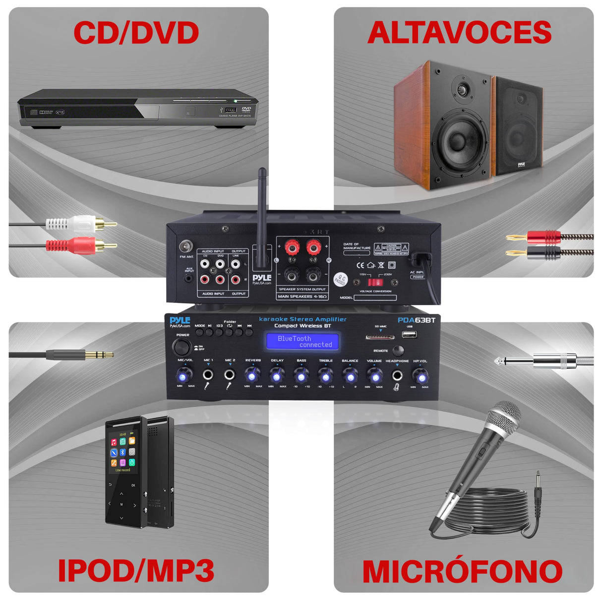Pyle amplificador estereo BT, Inalambrico, Multicanal, 200V, Para el hogar, Radio FM, USB, SD, AUX, RCA, Entrada de microfono