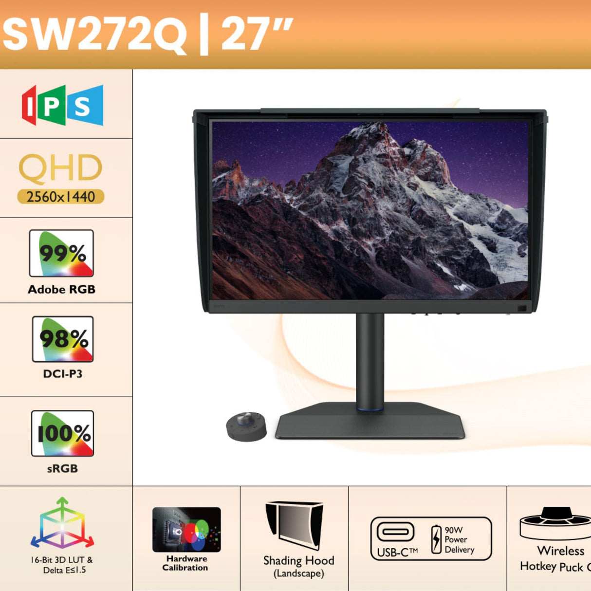 BenQ SW272Q Monitor para edición fotográfica 2K de 27 Pulgadas USB-C 90 W 99% Adobe RGB