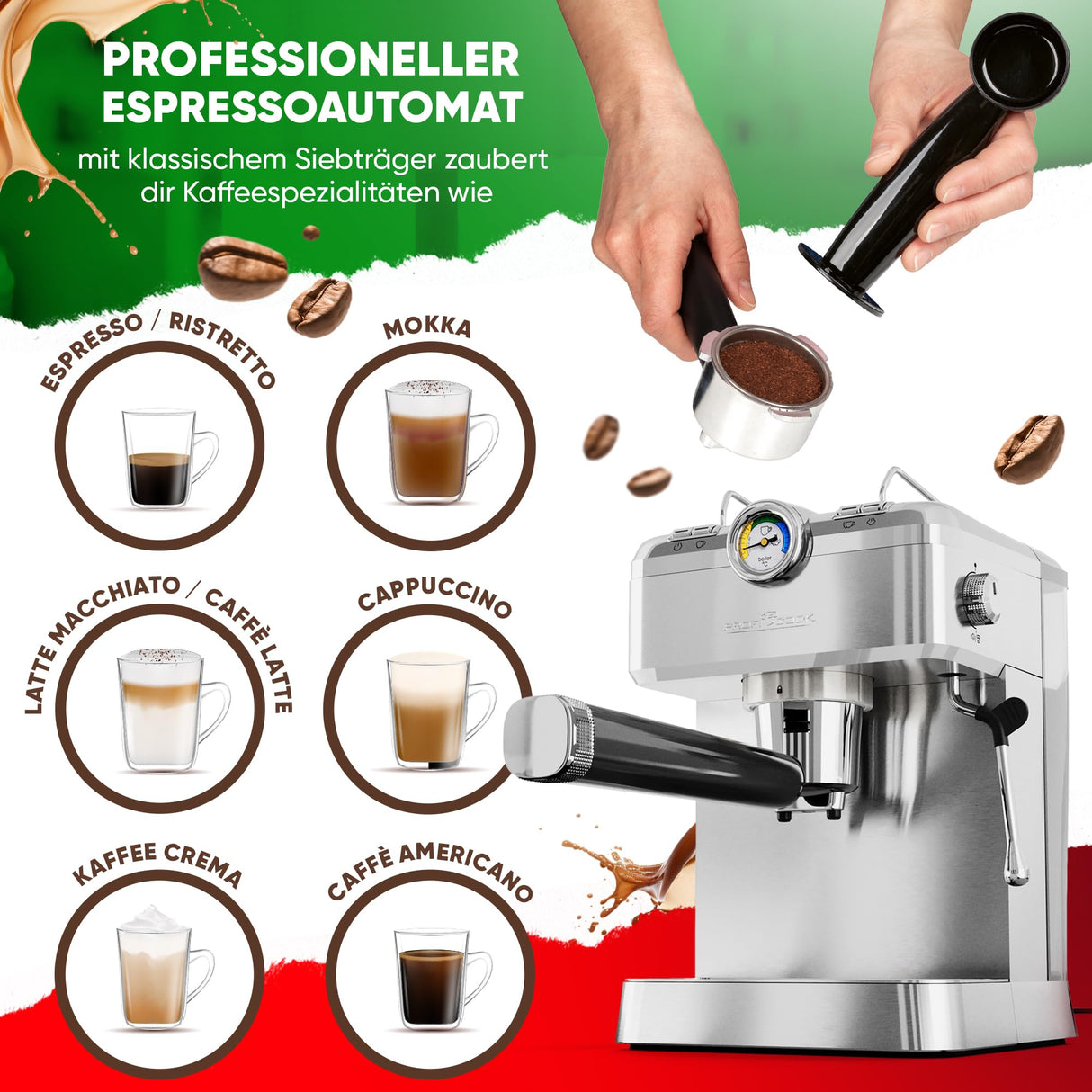 Cafetera espresso ProfiCook | cafetera espresso incl. portafiltro | bomba espresso italiana 20 bar | para café en polvo y cápsulas compatibles Nespresso | cafetera portafiltro | PC ES 1267