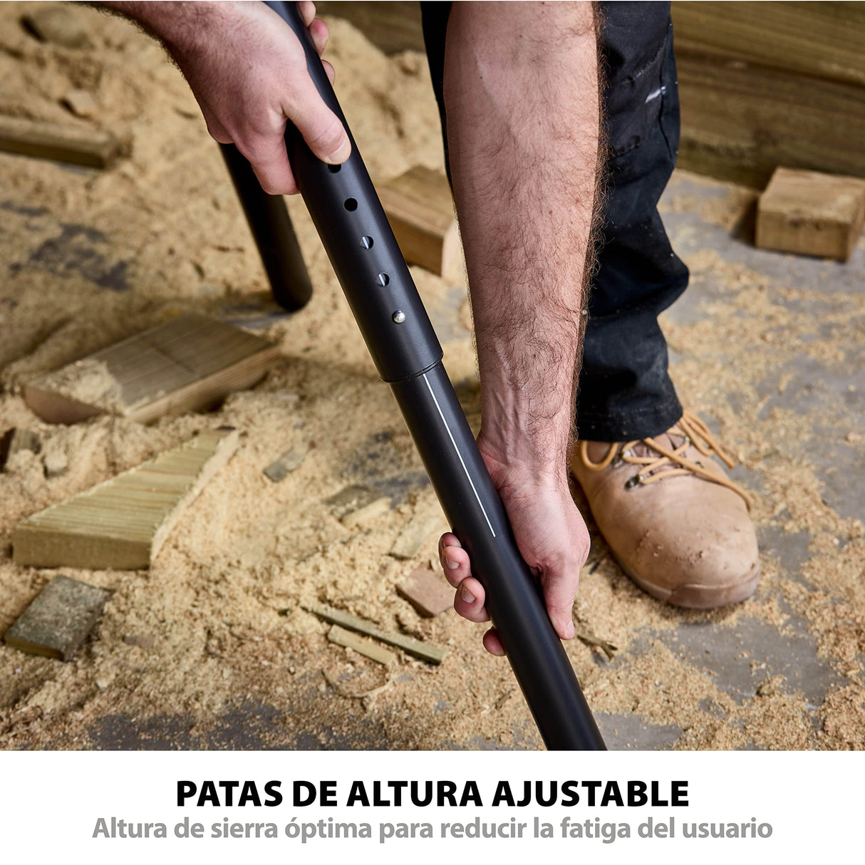 Evolution Power Tools Soporte de sierra ingletadora Plus + Universal - compatible con Evolution Makita DeWalt Bosch Ryobi Einhell y Metabo, ruedas grandes, soporta 300 kg de peso y 4 m de longitud