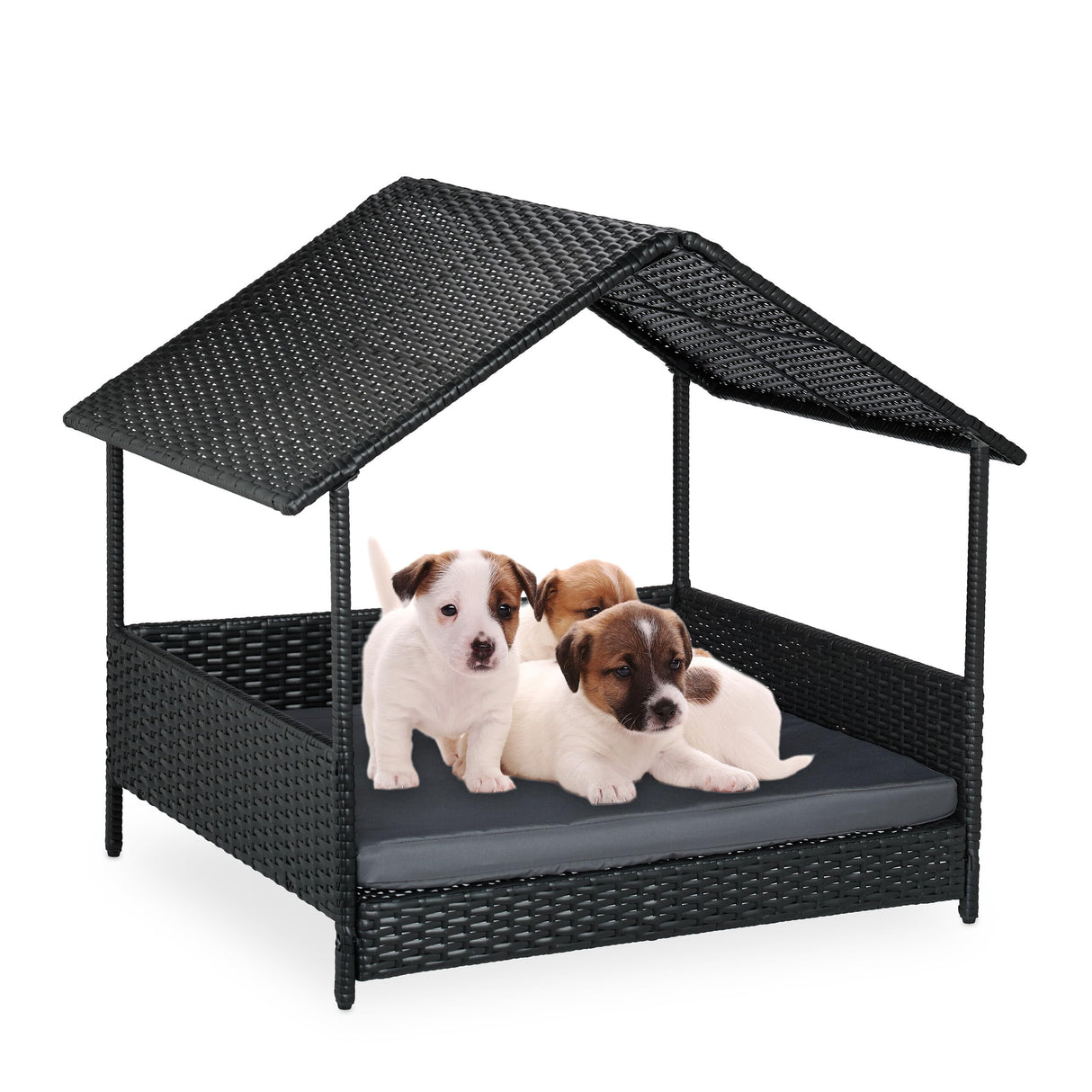 Relaxdays Cama Elevada para Perros con Techo, 81x90x68 cm, Poliratán, Tumbona para Mascotas con Cojín, Exterior, Gris