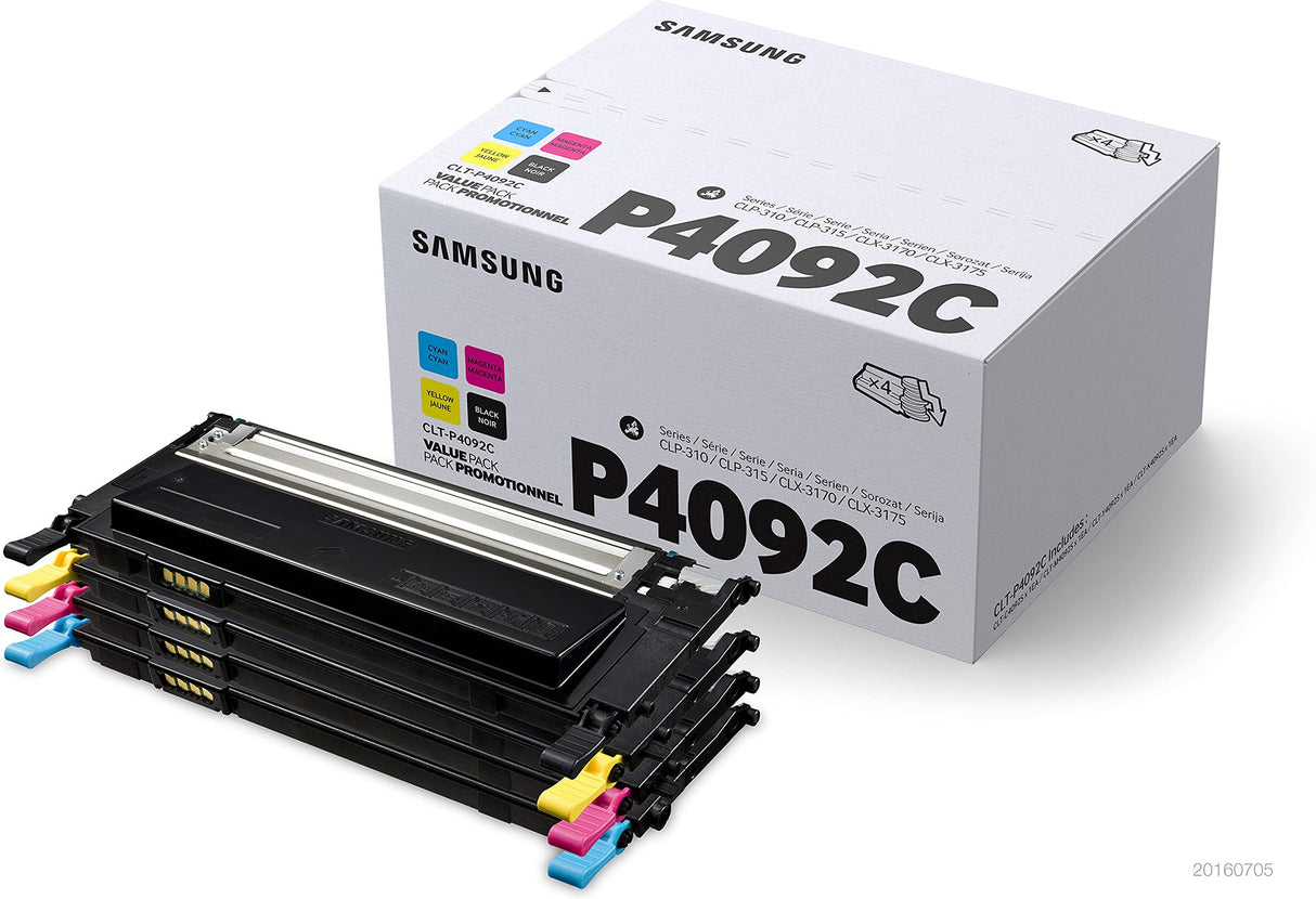 Samsung CLT-P4092C, SU392A, Negro, Cian, Magenta y Amarillo, Cartuchos Tóner Originales, Pack de 4, de 4.500 páginas, compatible con impresoras Samsung LaserJet Color CLP-310, CLP-315 y CLX-3170FN