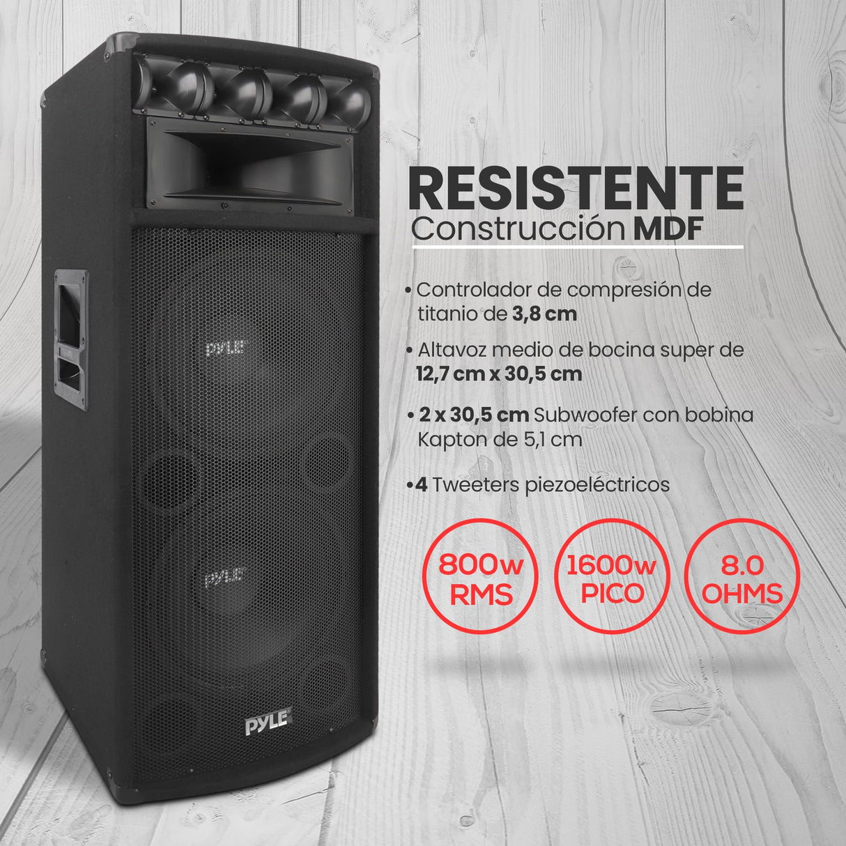 PylePro Altavoz, Portatil, para gabinete, 1600V, Estereo, Woofer de 3.4”, Tweeters duales, Bocina Media de 5x12”, Exterior, Interior