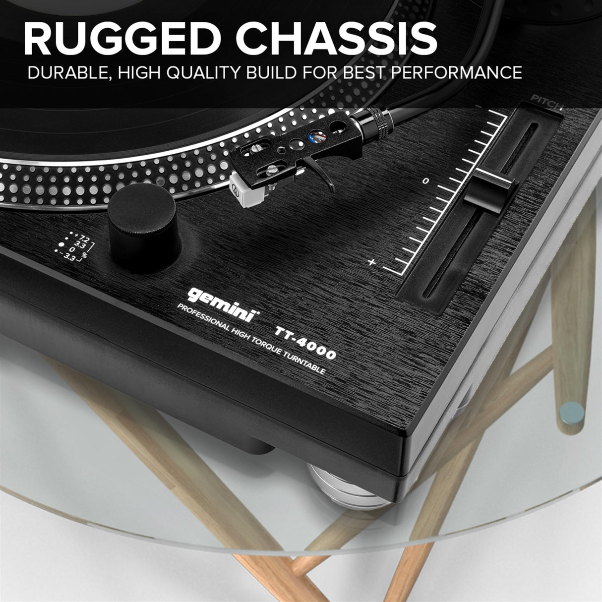 Gemini Sound TT-4000 DJ DIRT-DRIVE DJ TurnTable, Torque alto, 3 velocidades de grabación de vinilo, preamplificador de fono conmutable, control de tono variable, plato de aluminio fundido a presión