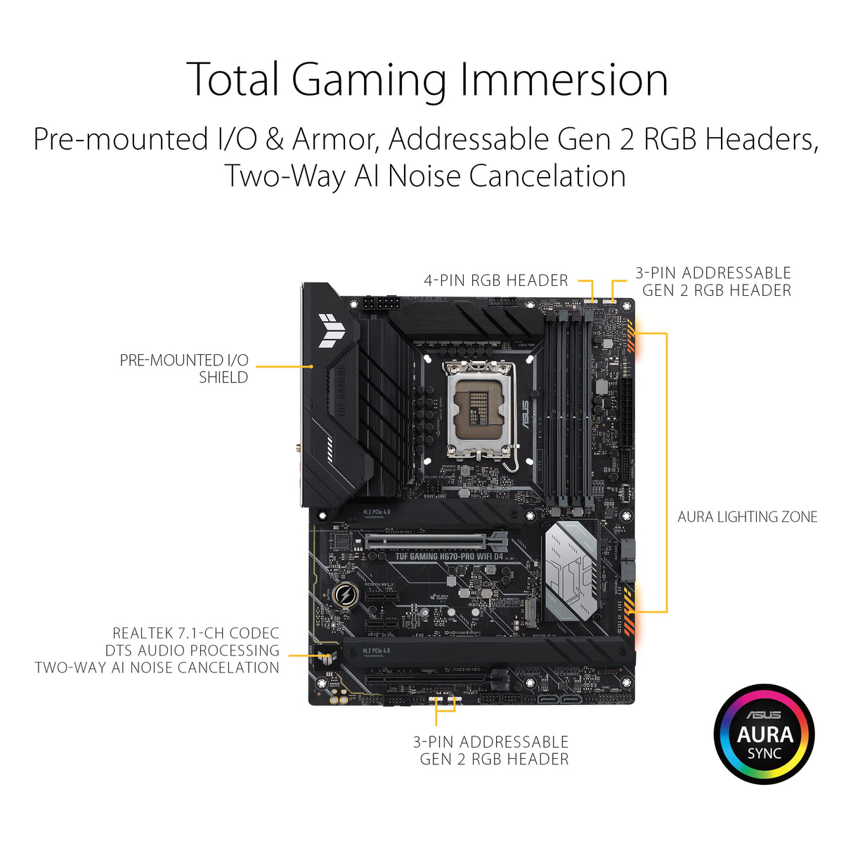 ASUS TUF Gaming H670-PRO WiFi D4 - Placa Base ATX Intel H670 LGA 1700 (VRM de 14+1 Fases, PCIe 5.0, 4 x M.2 PCIe 4.0, Intel 2.5Gb Ethernet, DisplayPort, HDMI, USB 3.2 Tipo C Frontal, Aura Sync)