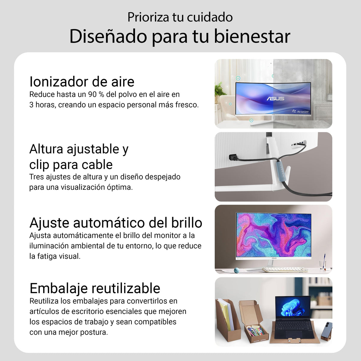 ASUS VU249HFI-W Monitor Eye Care de 24 Pulgadas, 23.8 Pulgadas visibles, Full HD 1920 x 1080, IPS, 100Hz, SmoothMotion, Adaptive Sync, ionizador de Aire, tecnología Eye Care Plus, Filtro de luz Azul