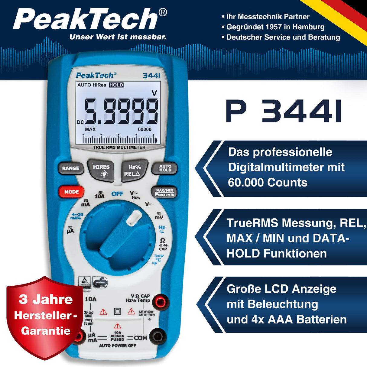 PeakTech 3441 – Multímetro digital RMS con 60,000 recuentos, multímetro de mano profesional para cables eléctricos, TUV/GS, medidor de voltaje, probador de continuidad - CAT III 1000V