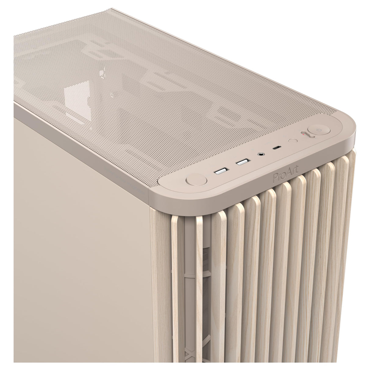 ASUS ProArt PA401 Wood Edition - Chasis ATX con Panel de Metal, Compatible con GPU de 314mm, Compatible con radiadores de 240 mm, Dos Ventiladores de 160mm, Soporte de PSU extraíble - Beige