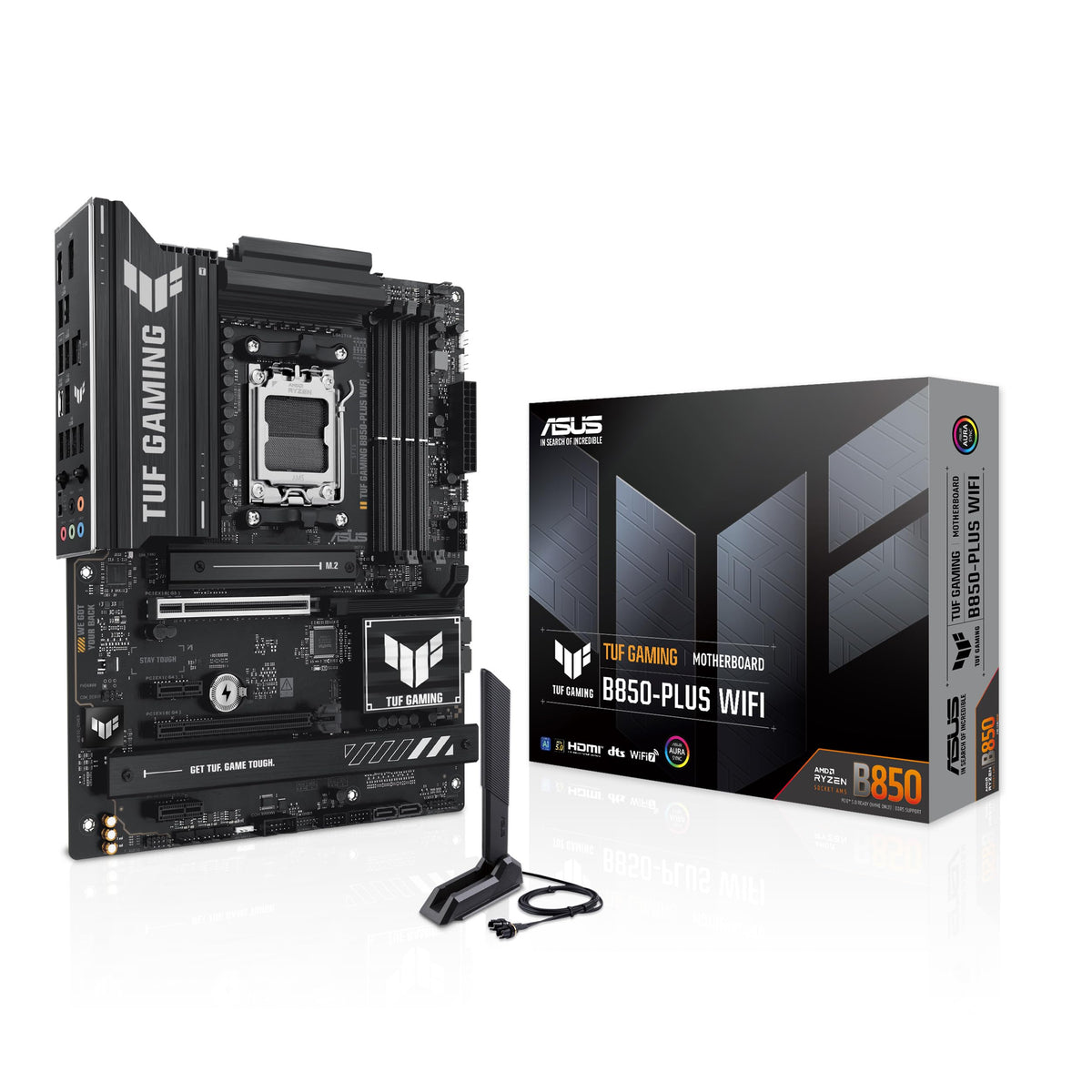 ASUS TUF GAMING B850-PLUS WIFI - Placa base AMD ATX, 14+2+1 etapas de potencia DrMOS 80A, DDR5, PCIe 5.0, 3 ranuras M.2, WiFi 7, Realtek 2.5Gb Ethernet, DisplayPort, HDMI, USB 20Gbps Tipo-C, Aura Sync
