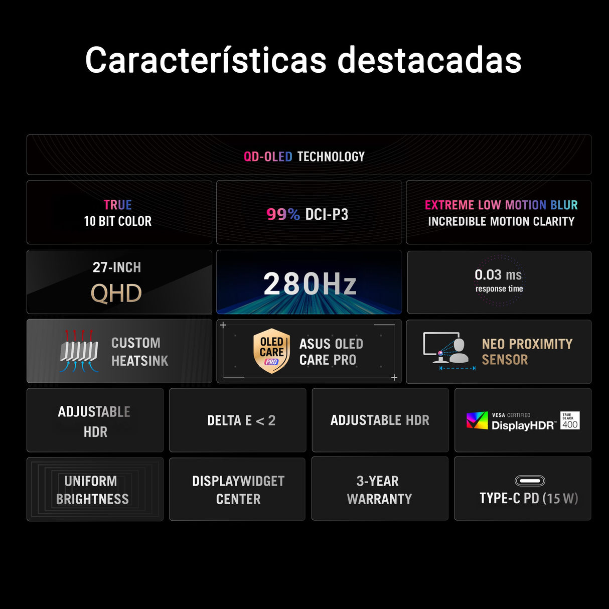 ROG Strix OLED XG27ACDMS - Monitor Gaming de 27", QD-OLED de 1440p, 280Hz, 0,03ms, disipador, Neo Proximity Sensor, Brillo Uniforme, G-Sync, 99% DCI-P3 y DisplayWidget Center