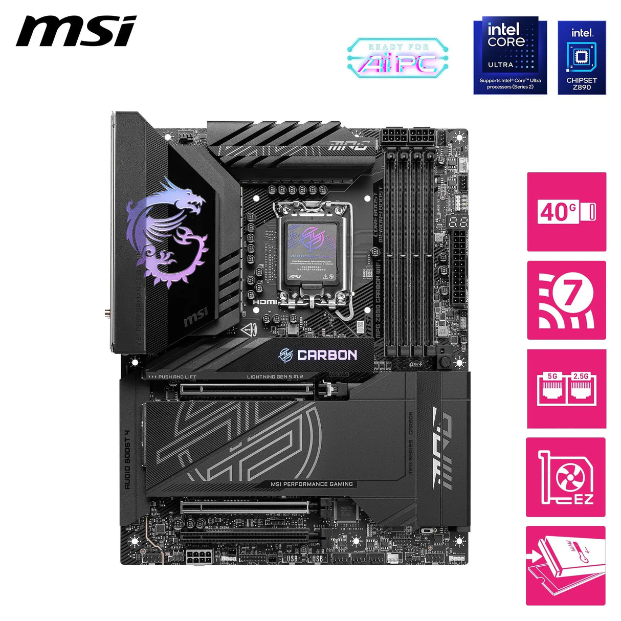 MSI MPG Z890 Carbon WiFi Placa Base ATX, Admite Intel Core Ultra (Serie 2), LGA 1851-110A SPS VRM, DDR5 Memory Boost 9200+ MT/s (OC), PCIe 5.0 x16 & 4.0 x16, M.2 Gen5