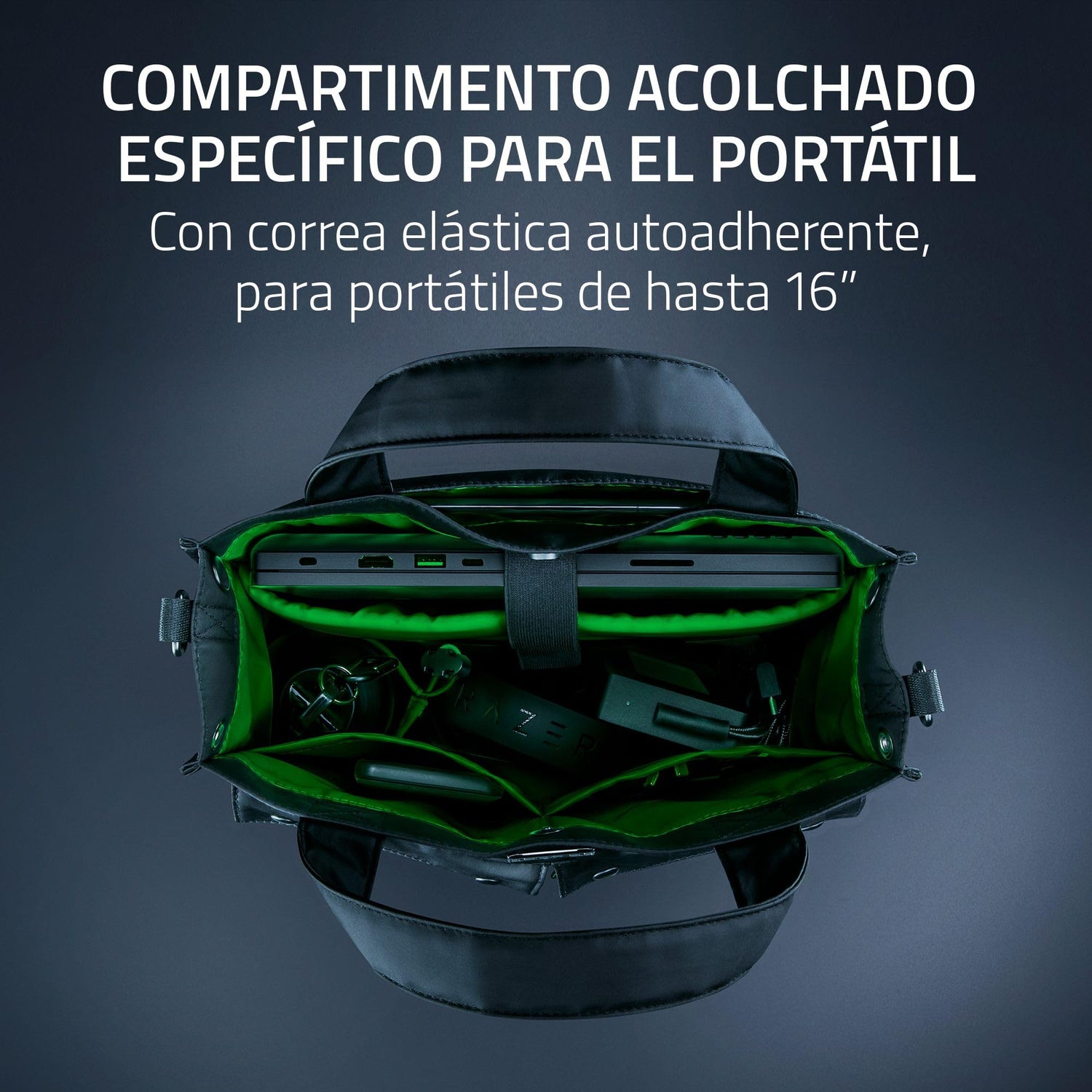 Razer Xanthus Tote Bag - Compartimento acolchado dedicado para portátil - Se adapta a portátiles de hasta 16» - Nylon repelente al agua - Transporte bidireccional con correa de hombro desmontable