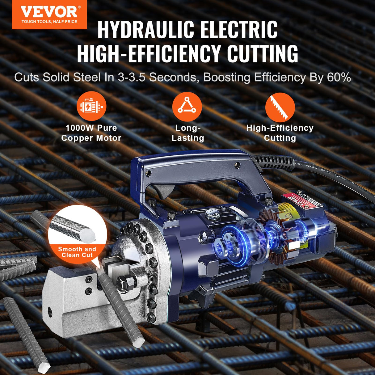 VEVOR Cortadora de Varillas de Refuerzo Hidráulica Eléctrica, 1000 W, hasta 4-20 mm en 3 Segundos, Acero de Alta Potencia con Caja de Herramientas y Lata de Aceite, Negra y Azul, 410 x 115 x 220 mm