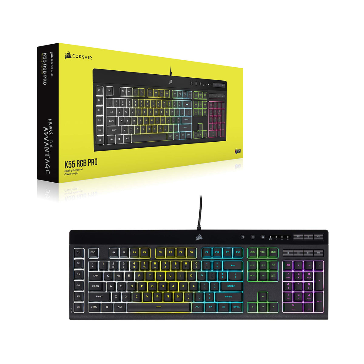 Corsair K55 RGB Pro Membrana Teclado para Juegos con Cable, IP42, Resistente al Polvo y a los derrames, 6 Teclas Macro con integración Elgato, Compatible con iCUE, QWERTY UK, PC, Mac, Xbox, Color