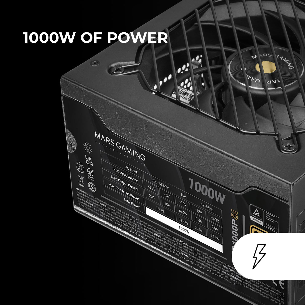 Mars Gaming MPB1000PSI, Fuente Alimentación Full Modular ATX 1000W, 10 Años Seguridad, 80Plus Gold 90%, Ventilador SI 14cm, Tecnología AI2-RPM, DC-DC y SMD, ATX 3.1 y PCIe 5.1, Conector 12V 2x6, Negro