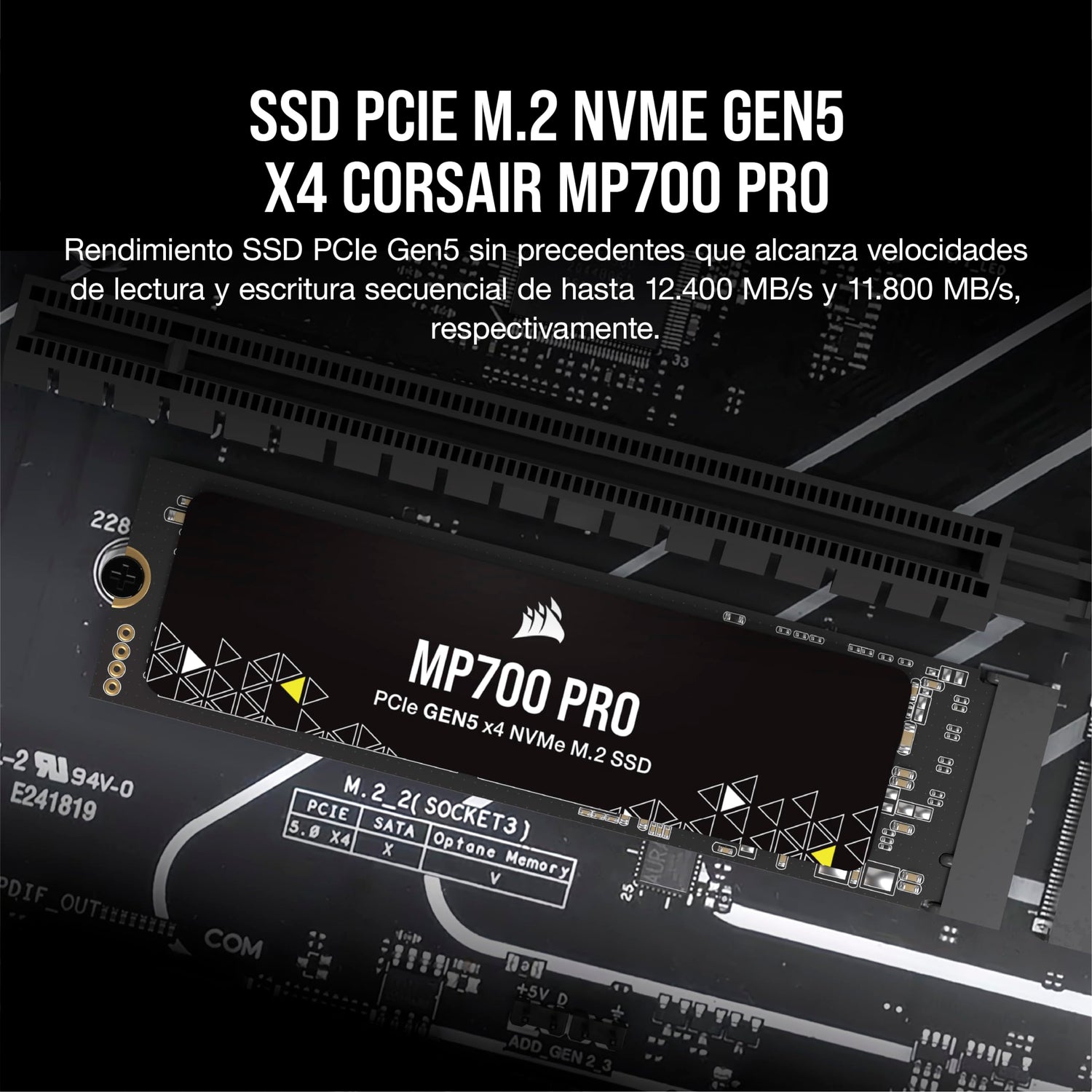 Corsair MP700 Pro 1TB SSD NVMe 2.0 M.2 PCIe Gen5 x4 de 1 TB - M.2 2280 - Lectura Secuencial de hasta 11.700 MB/s - NAND TLC de Alta Densidad - Negro