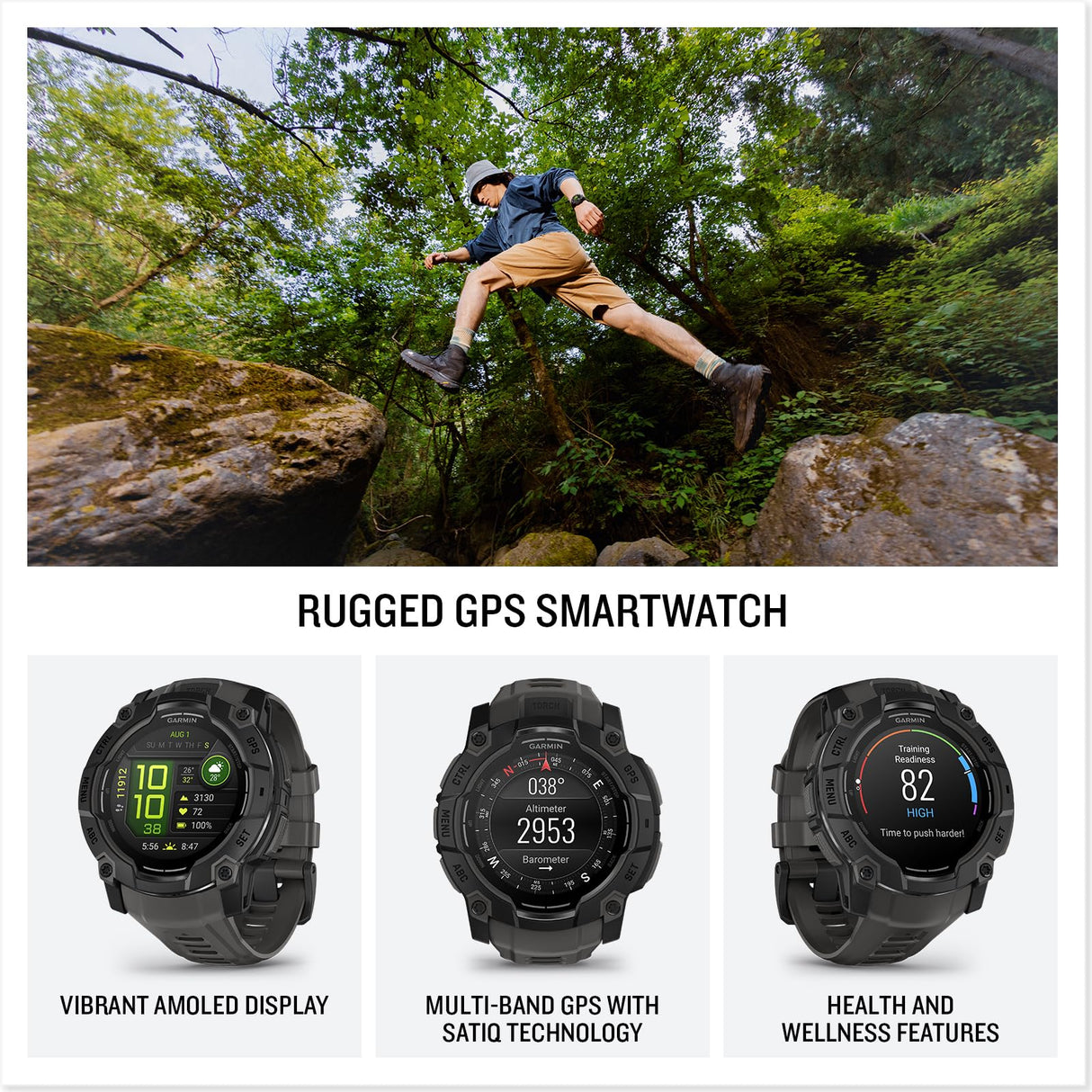 Garmin Instinct 3, Reloj inteligente con GPS, Pantalla AMOLED de 50 mm, Resistente al agua, Aplicaciones deportivas integradas, Monitorización de la salud, Linterna LED, Hasta 24 días autonomía, Negro