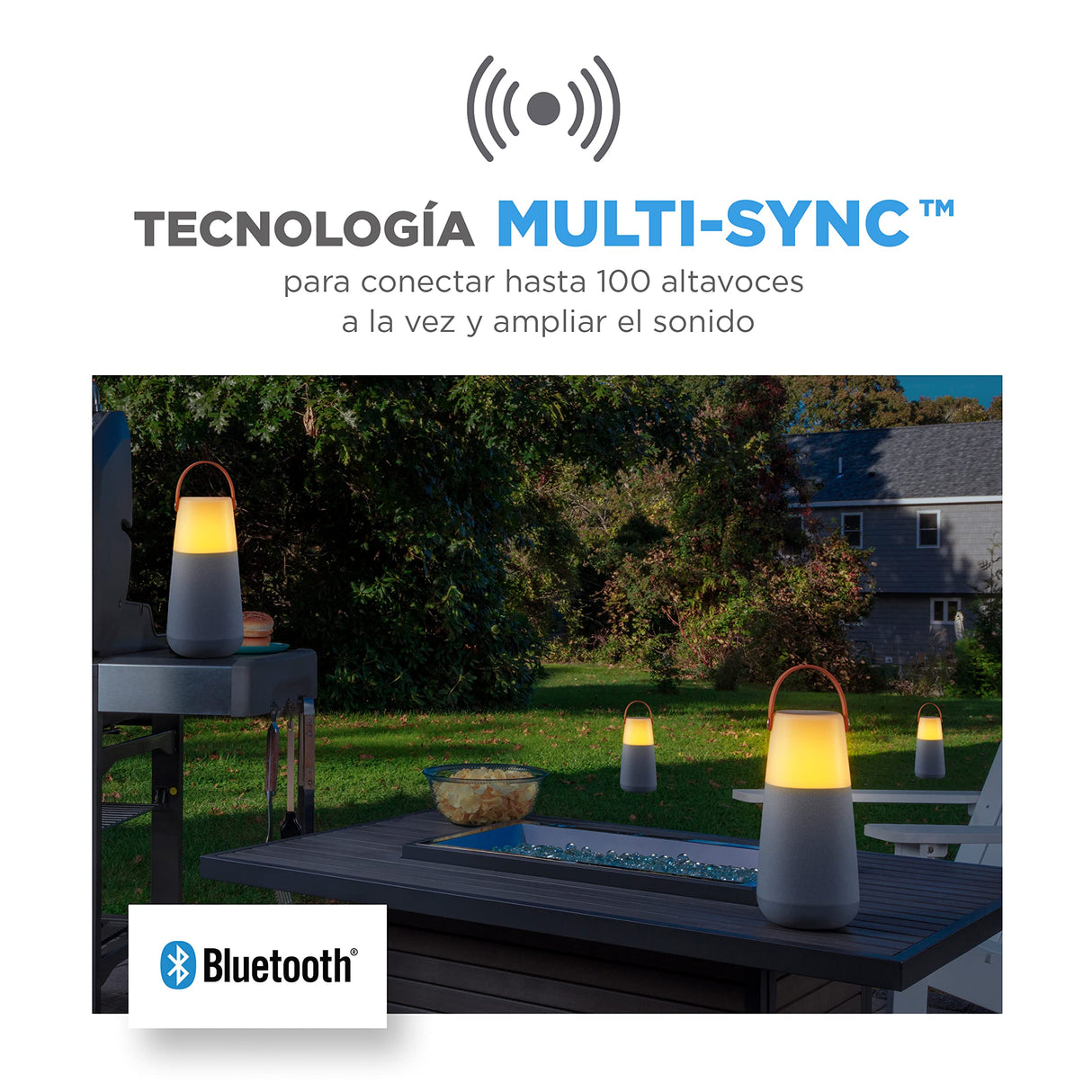 ION Audio Bright MAX - Altavoz Bluetooth portátil Impermeable, con iluminación, Sonidos atmosféricos a 360°, tecnología Multi-Sync y batería Recargable, Gray