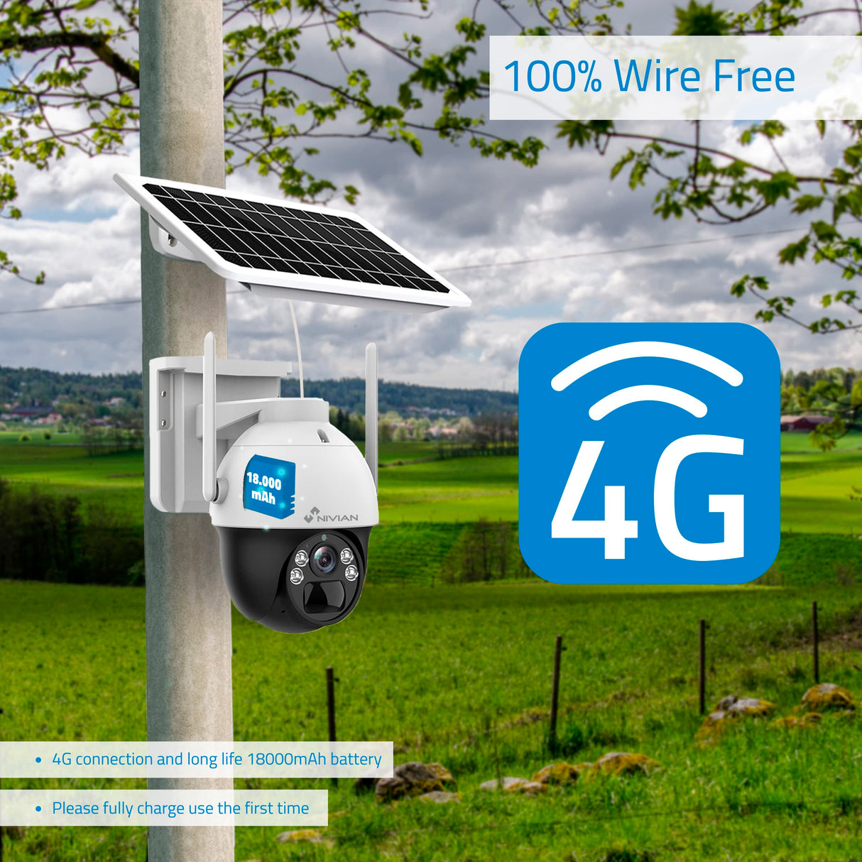 Nivian Cámara vigilancia seguridad 360º 4G(SIM) Panel solar 7W-Batería larga duración 18000mAh-2K-Detección de movimiento y humanos-Apta exterior-Visión nocturna+Leds-Audio bidireccional-APP EseeCloud