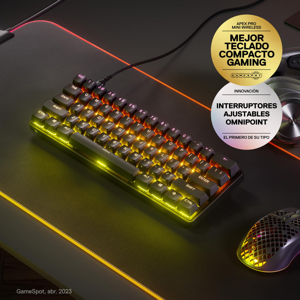 SteelSeries Apex Pro Mini teclado gaming HyperMagnetic – El teclado más rápido del mundo – Accionamiento ajustable – Factor forma compacto 60 % – RGB – Teclas PBT – USB-C – Teclado inglesa (QWERTY)