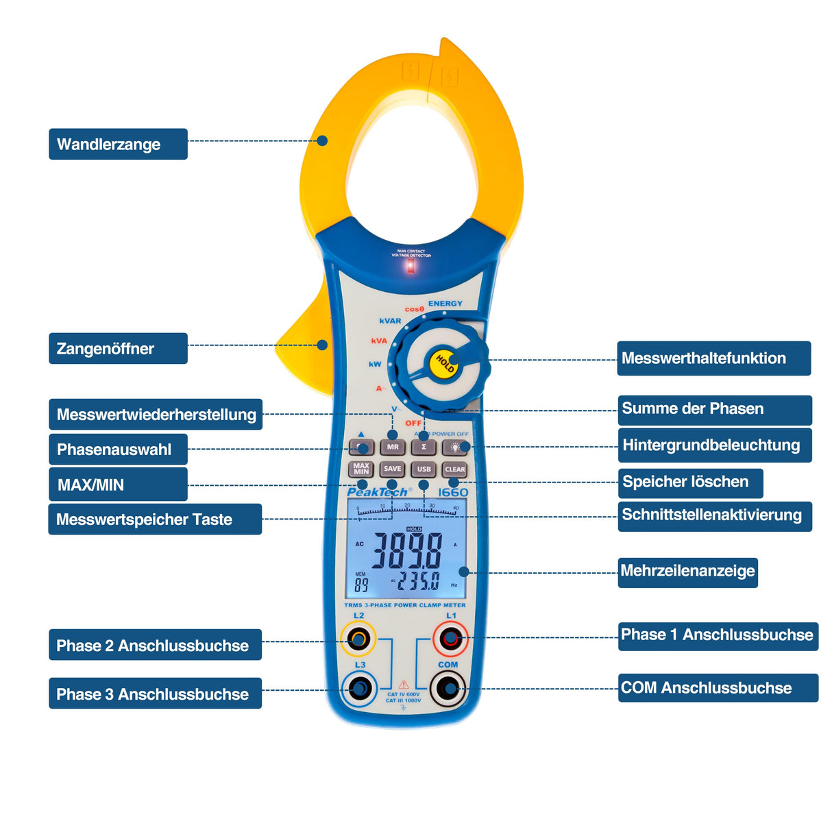 PeakTech 1660 – Pinza amperimétrica con USB, 1000 A CA, 9999 cuentas, multímetro digital, pinza amperimétrica para kW, kWh, kVA, TUV/GS, voltímetro sin contacto, probador de continuidad