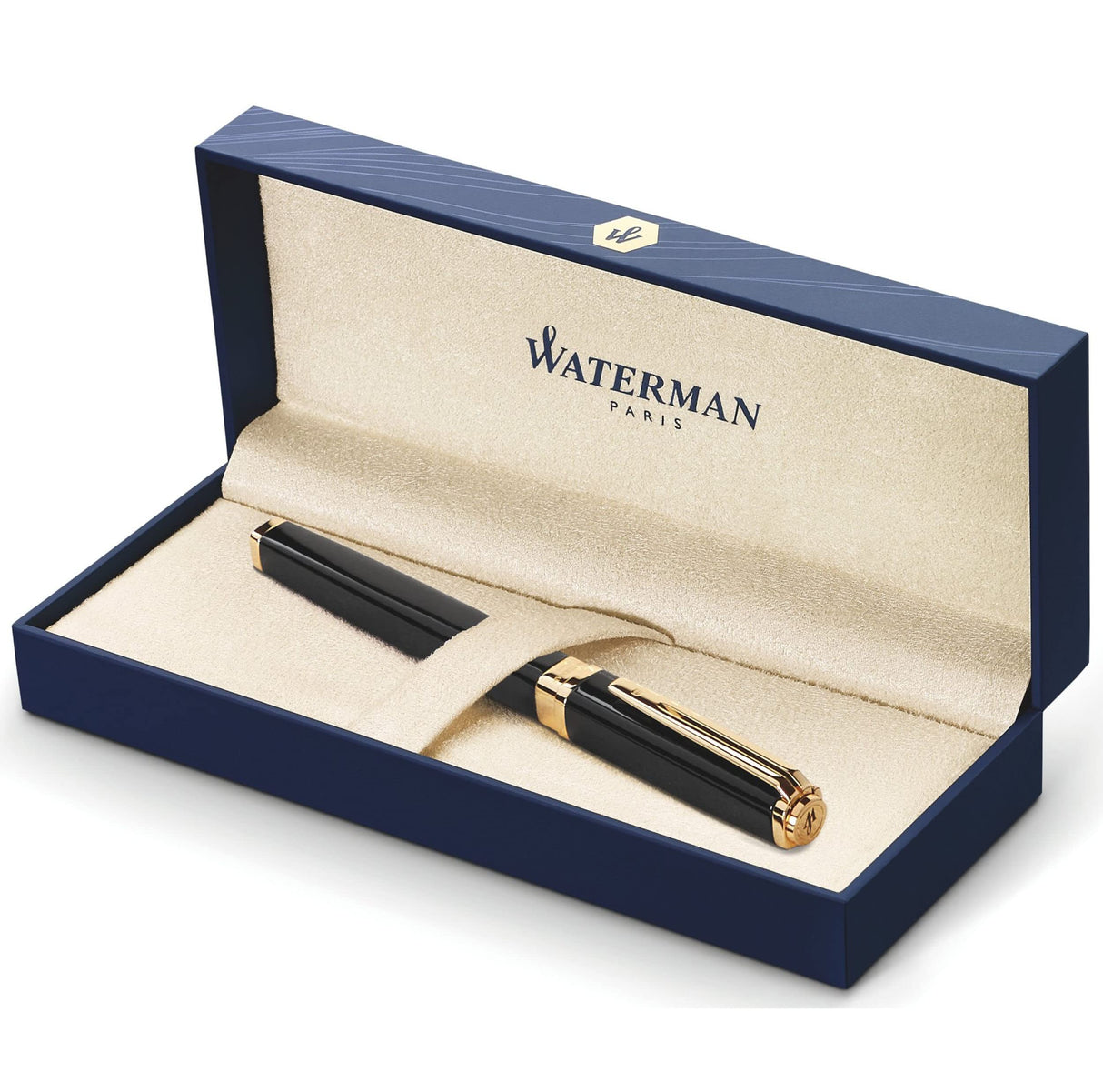 Waterman Exception Füllfederhalter (Modell Slim) (schwarz mit Clip aus 23-karätigem Gold, Federstärke F, blaue Tinte, Geschenkbox)