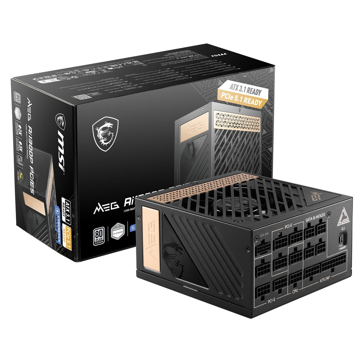 MSI Meg AI1300P PCIE5 Fuente de Alimentación 1300W, 80+ Platinum, ATX 3.0 Totalmente Modular, Soporte GPU PCIe 5.0, Ventilador 120 mm