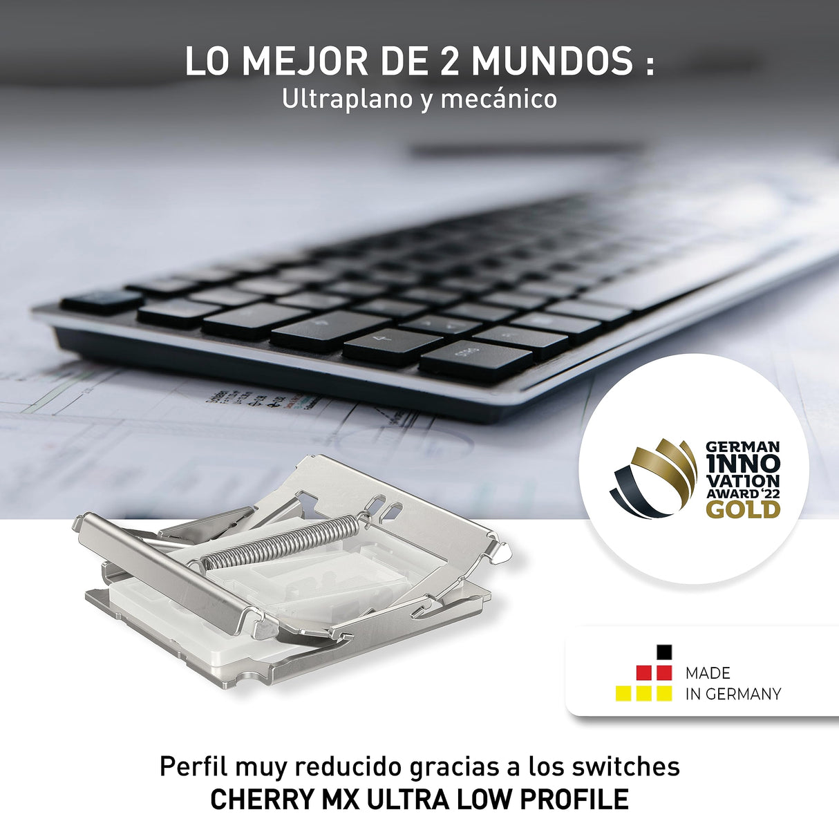 CHERRY KW X ULP, Teclado Mecánico Ultraplano de Alta Gama, Distribución de Teclado Europeo (QWERTY), Inalámbrico, Multidispositivo Para Hasta 4 Dispositivos, Recargable, Negro