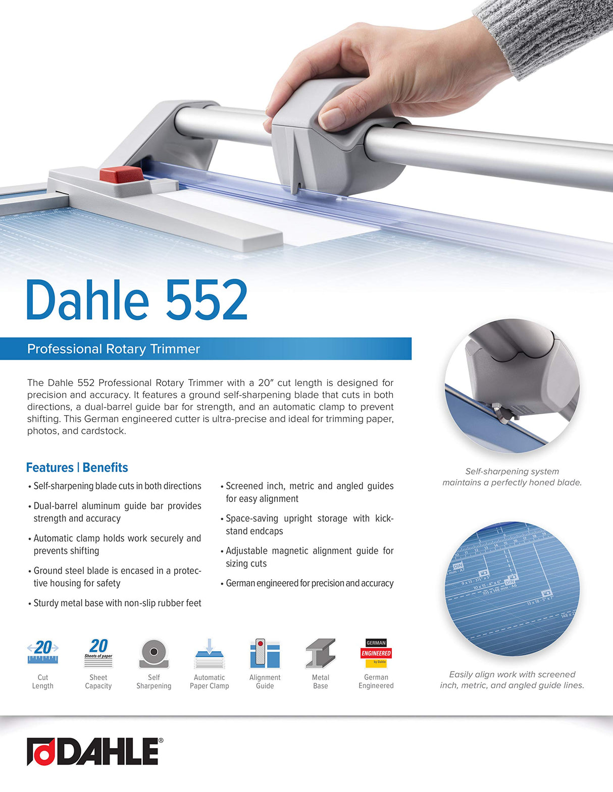 Dahle 552 Guillotina profesional A3 autoafilable, doble barra guía, pinza automática, cuchilla con protección de seguridad