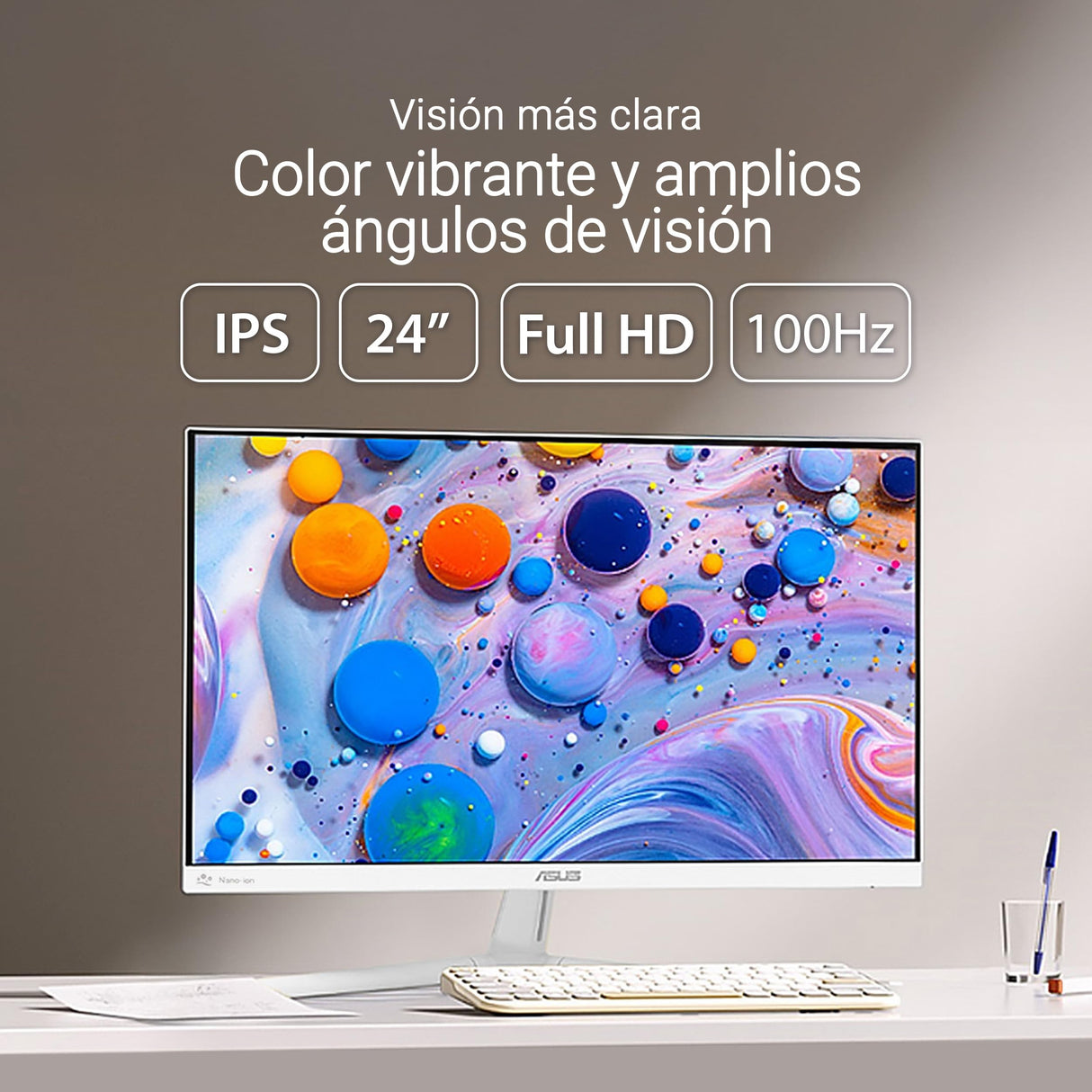 ASUS VU249HFI-W Monitor Eye Care de 24 Pulgadas, 23.8 Pulgadas visibles, Full HD 1920 x 1080, IPS, 100Hz, SmoothMotion, Adaptive Sync, ionizador de Aire, tecnología Eye Care Plus, Filtro de luz Azul