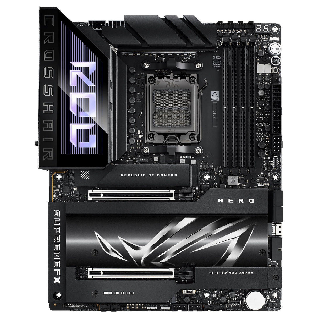 ASUS ROG Crosshair X870E Hero - Placa Base AMD ATX, 18+2+2 etapas de Potencia, DDR5, PCIe 5.0 Compatible con GPU de última generación, Cinco M.2, Wi-Fi 7, USB4, AI Overclocking
