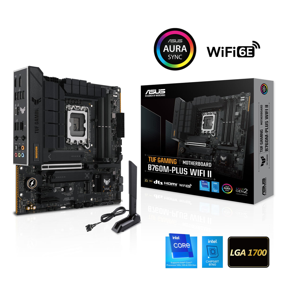 ASUS TUF Gaming B760M-PLUS WiFi II - Placa Base Intel B760 LGA 1700 mATX (PCIe 5.0, M.2, DDR5,WiFi 6E, Antena Q, Realtek 2,5 GB Ethernet, DP, HDMI, SATA 6 Gbps, USB Tipo-C, Thunderbolt 4, Aura Sync)