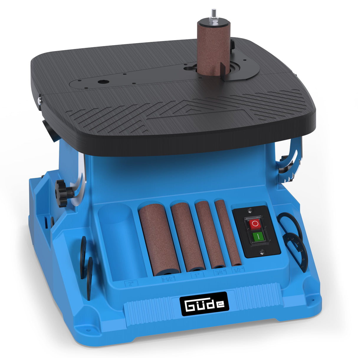 Güde GSBSM 500 - Lijadora de banda de husillo (230 V, 500 W, 2000 min-1, velocidad del husillo, 8 m/s, oscilante, dispositivo 2 en 1, conversión sin herramientas, mesa ajustable 0-45°, incluye