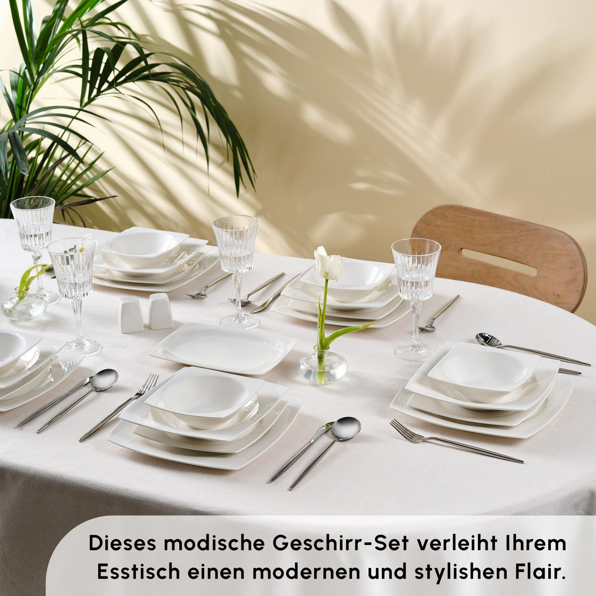 Karaca Vajilla Vesta White para 12 personas, 52 piezas, elegante vajilla de porcelana para 12 personas, incluye platos, tazas, cuencos y cubiertos