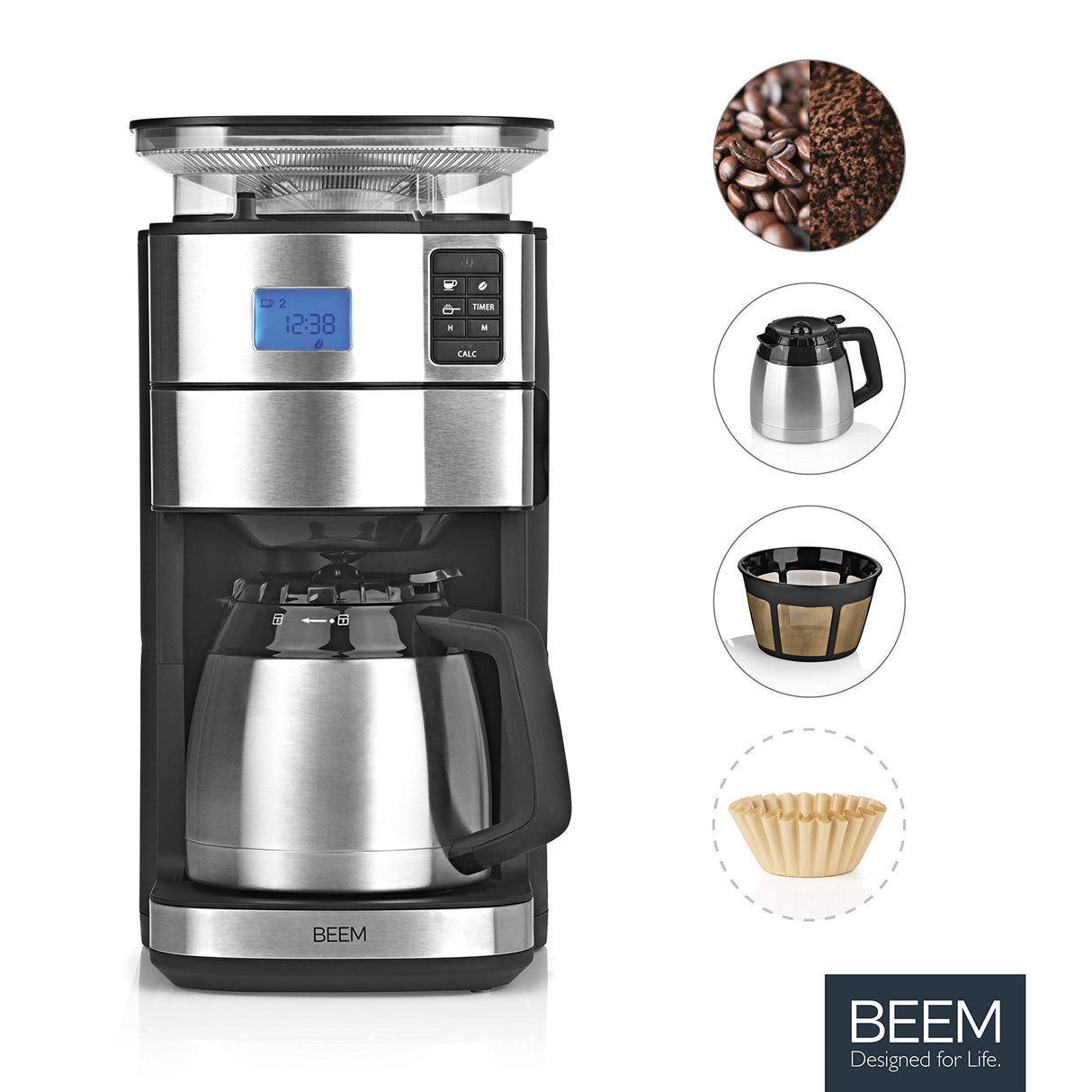 BEEM FRESH-AROMA-PERFECT II Cafetera de filtro con molinillo - Térmica | Acero inoxidable | Jarra térmica | Temporizador 24h | 1000 W | Recipiente para granos de 180 g
