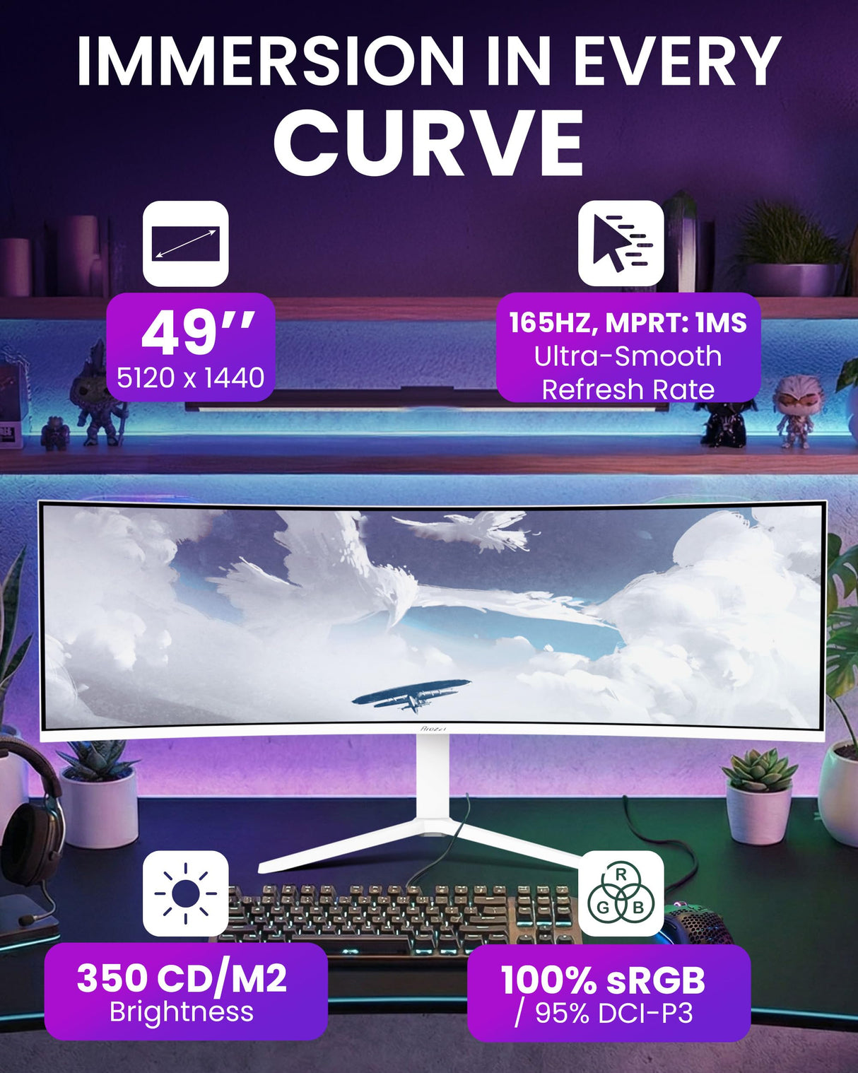 Arozzi Nova 49" Monitor Gaming Curvo VA DQHD 5120×1440, 165 Hz, 1 ms, FreeSync, HDR, USB-C 65W, Ultrapanorámico, Altavoces Integrados – Blanco
