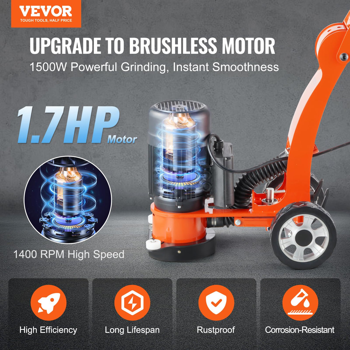 VEVOR Amoladora Eléctrica para Pisos de Concreto 1500W Reparadora de Concreto con Disco de Lijado para Pisos 180 mm 1400 RPM Motor sin Escobillas Amoladora de Superficies para Granito, Mármol, Piedras