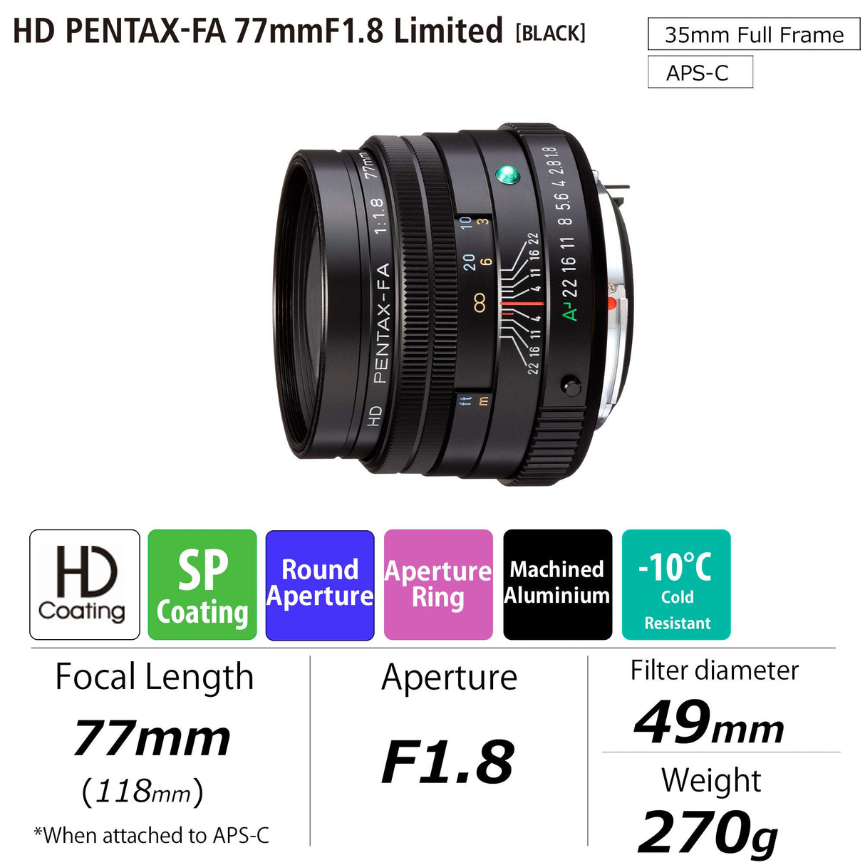 Pentax PENTAX-FA 77mmF1.9 Limited - Telebrantaje Ligero, por Ejemplo, para Retratos con Revestimiento HD, para el Sistema Pentax K con Sensor de 35 mm, 27880