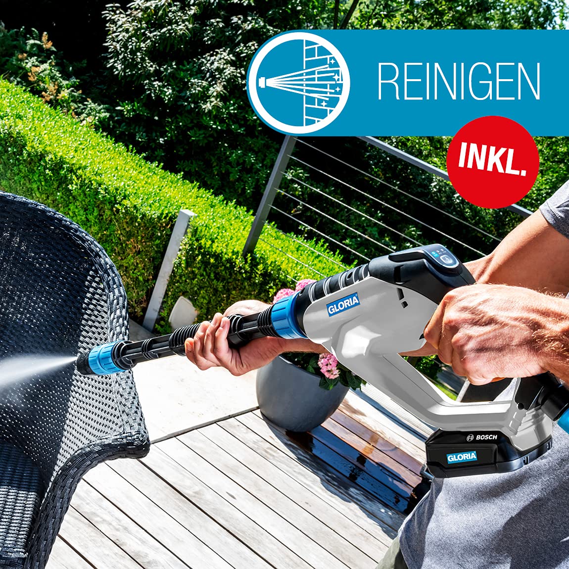 Gloria MultiJet 18 V Set | Utilizable como Limpiador a presión, Pistola de Espuma, pulverizador, Cepillo | Boquilla 4 en 1, Lanza de 40 cm, Manguera de 5 m | Incl. batería 18 V Bosch