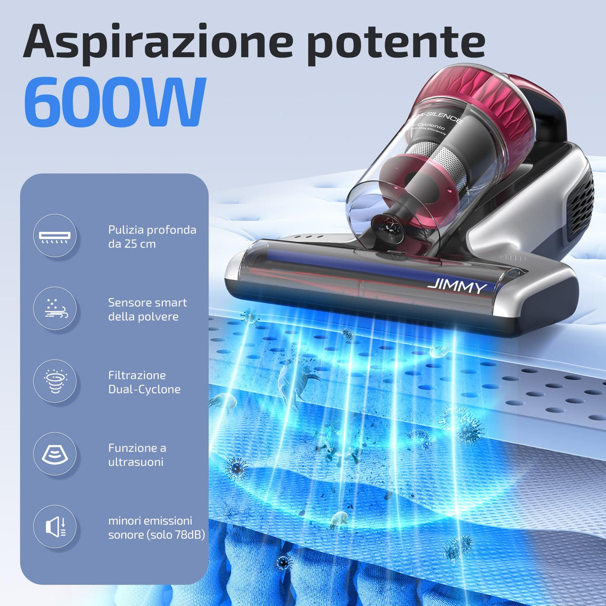 Jimmy WB73 Aspirador portátil antiácaros con batería de 600 W, con esterilización UV y ultrasonidos, Sensor Inteligente de Suciedad, Sistema de filtración Dual-Cyclonic y Certificado de Calidad