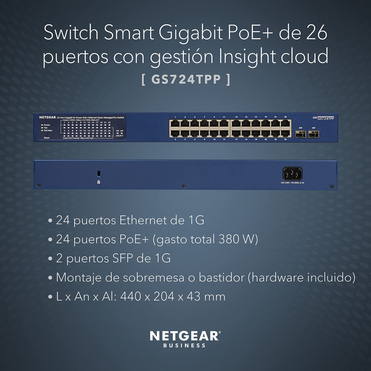 NETGEAR - Switch Pro PoE Gigabit Ethernet Gestionado Inteligente de 26 puertos (GS724TPP) con 24 puertos PoE+ (gasto 380W), 2 puertos 1G SFP, montaje de sobremesa o bastidor