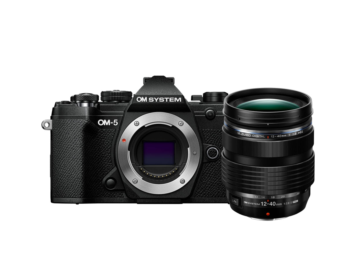 OM SYSTEM OM-5 Cámara con Sistema Micro Four Thirds con Objetivo M.Zuiko Digital ED 12-40mm Pro II, Sensor Live Mos de 20 MP, Estabilización de Imagen Mejorada de 5 Ejes, Negro/Negro