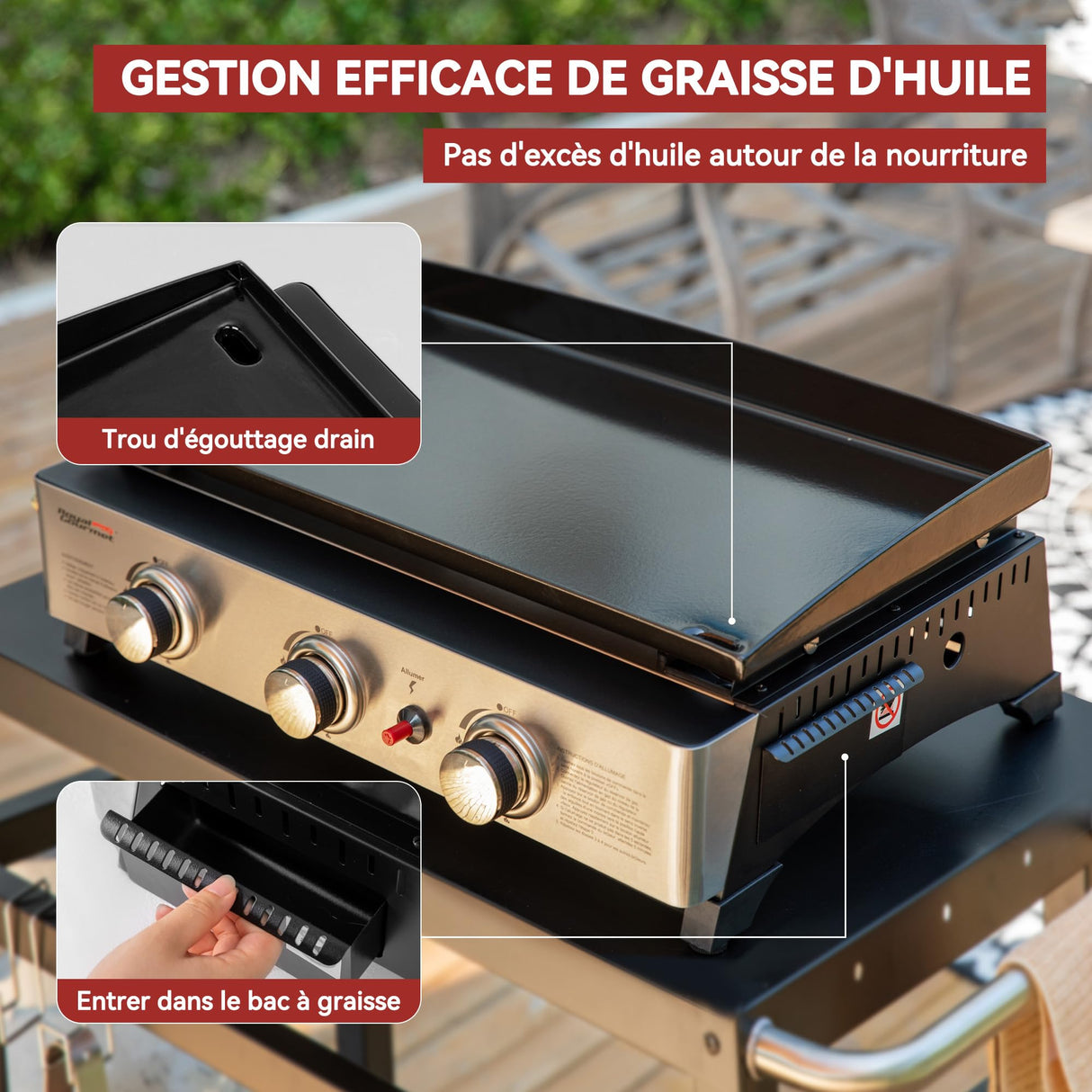 Royal Gourmet - Plancha de Gas de Acero esmaltado, 3 quemadores de Potencia 7,5 kW, Superficie de cocción 62,0 x 35,5 cm, portátil para Acampar y al Aire Libre