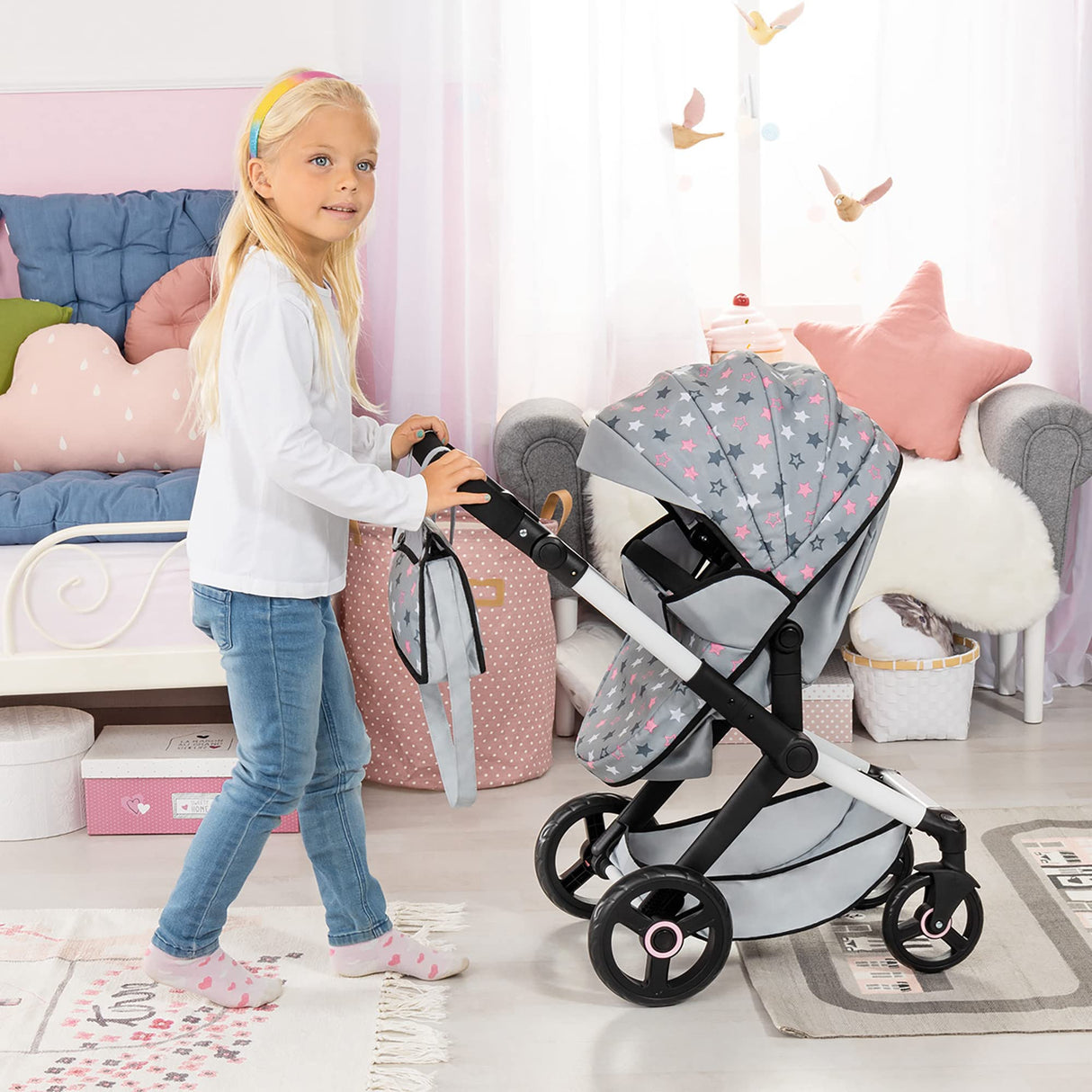 Bayer Design 17007AA Cochecito de muñeca Combi Xeo, Carro para muñecos, Bolsa, Convertible, Regulable en Altura
