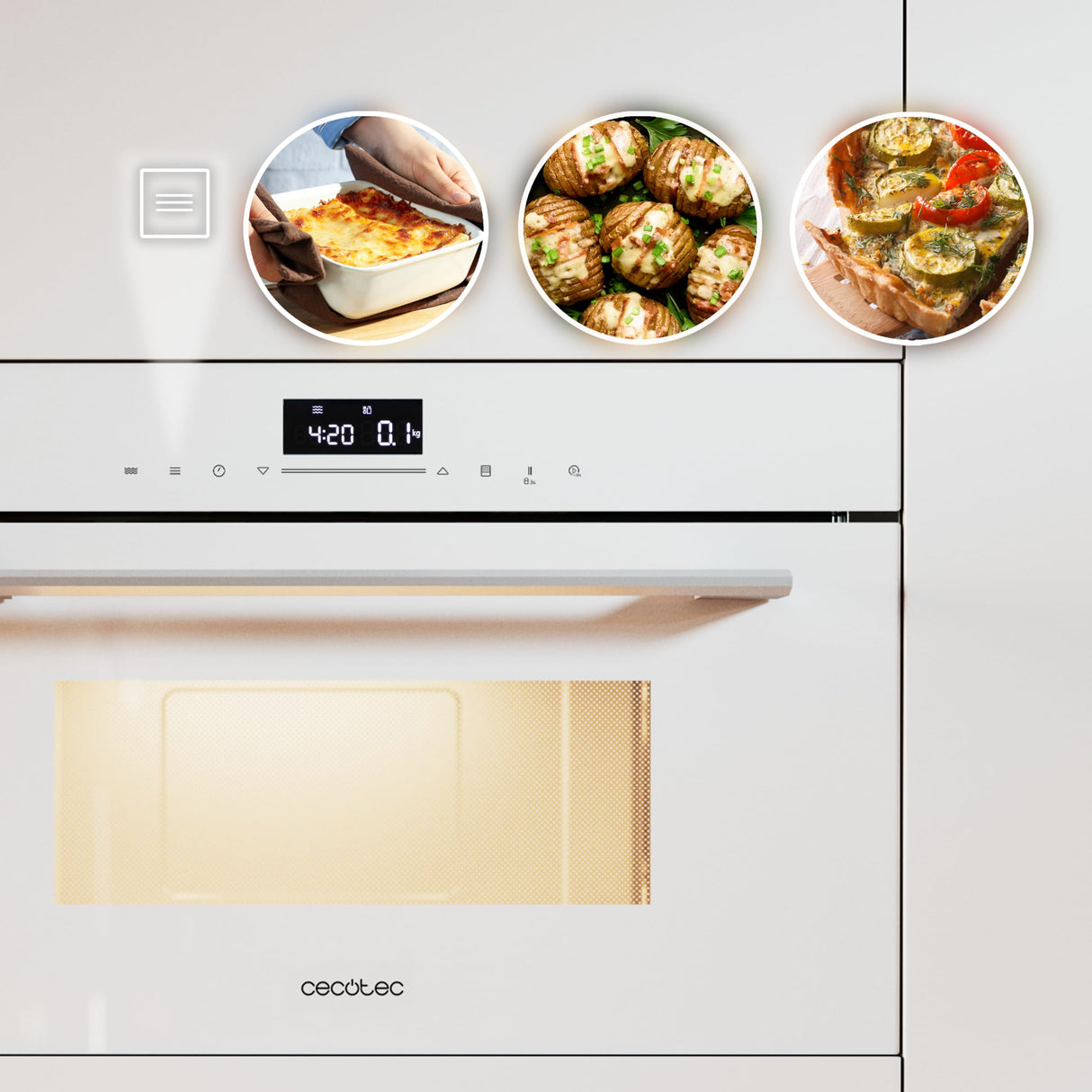 Cecotec Microondas Integrable 60cm Bolero Hexa MW703800 Glass White. 1450W, 34L de Capacidad, Función microondas, Modo Grill, Defrost, Auto Menú, Speed cooking, Electronic Timer