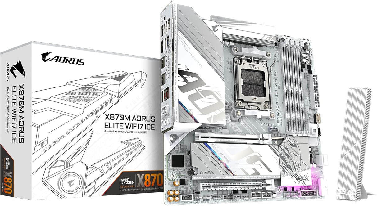 GIGABYTE X870M AORUS Elite WIFI7 Ice Placa Base – Compatible con CPUs AMD Ryzen 9000, VRM Digital de 14+2+2 Fases, hasta 8200 Hz DDR5 (O.C), 1× PCIe 5.0 + 1× PCIe 4.0, Wi-Fi 7, LAN 2.5 GbE, USB 4