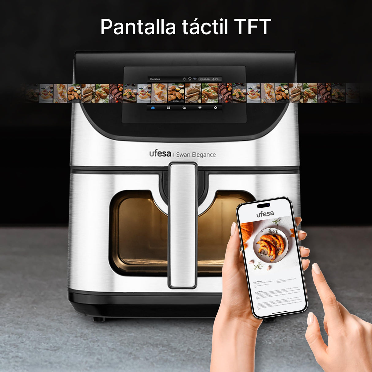 Ufesa Freidora de Aire Swan Elegance 7.5L 2200W, Pantalla Digital Interactiva TFT 4.3", App Inteligente, 10 Programas, Ventana con Luz Interior y Tecnología Air Pulse Ultra 360ºC con Doble Resistencia