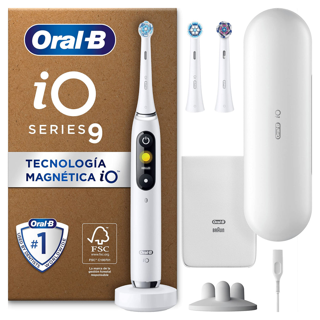 Oral-B iO 9 Cepillo de Dientes Eléctrico con Mango Recargable, 3 Cabezales y Estuche de Viaje con Cargador, Diseñado por Braun, Regalos Originales para Mujer y Hombre - Blanco