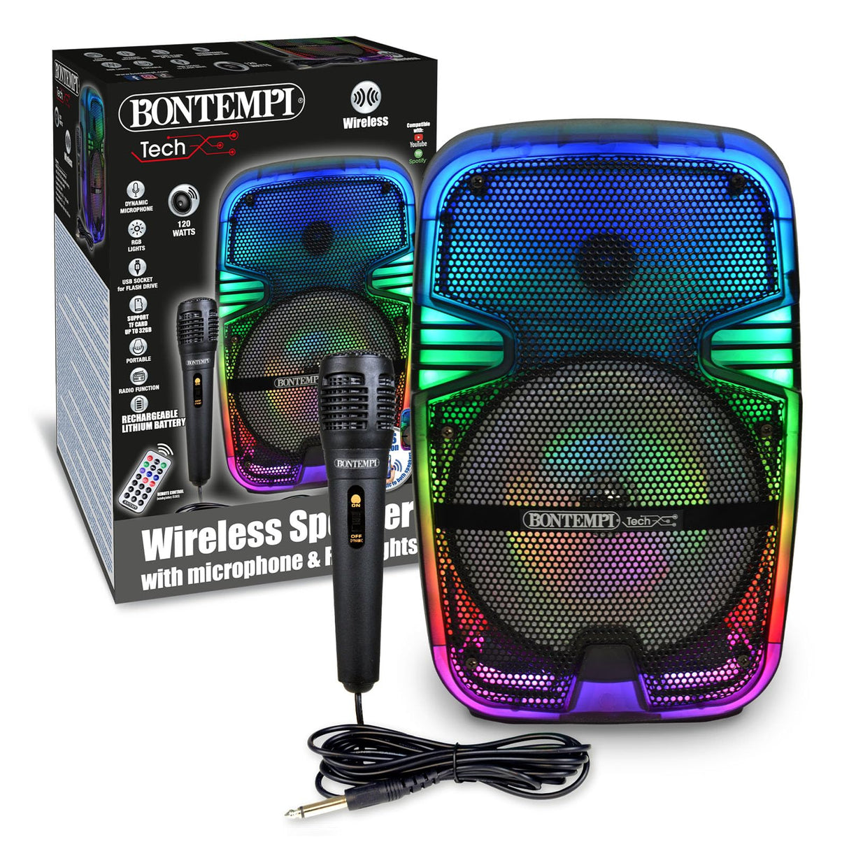Bontempi | Altavoz Acústico Luminoso Inalámbrico con Micrófono y Luces RGB, Mando a Distancia, Pantalla, Función TWS, 37x24x19.5 cm
